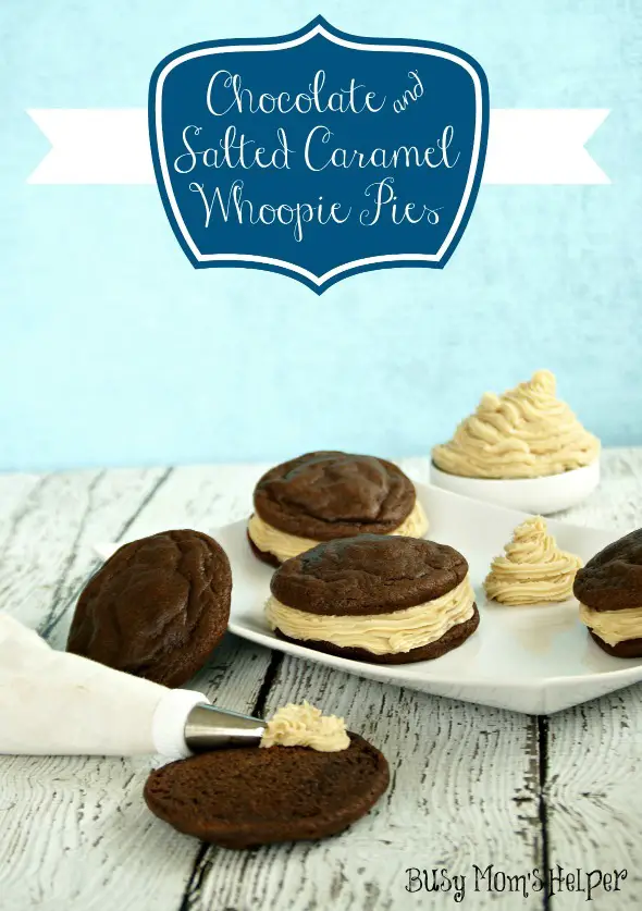 Chocolate and Salted Caramel Whoopie Pie / by www.BusyMomsHelper.com #chocolate #whoopiepies #saltedcaramel #frosting