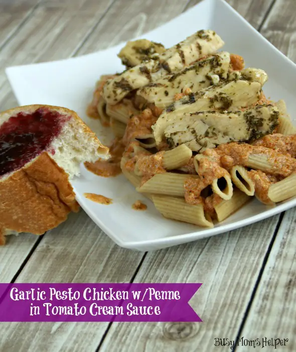 Garlic Pesto Chicken with Penne in Tomato Cream Sauce / by www.BusyMomsHelper.com #chicken #recipe #penne #pesto #sauce