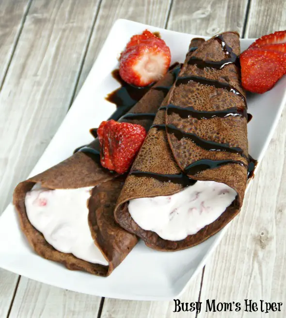 Chocolate Crepes with Strawberry Cream / by www.BusyMomsHelper.com #crepes #chocolate #strawberrycream