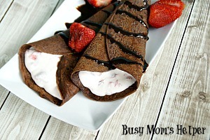 Chocolate Crepes with Strawberry Cream / by www.BusyMomsHelper.com #crepes #chocolate #strawberrycream