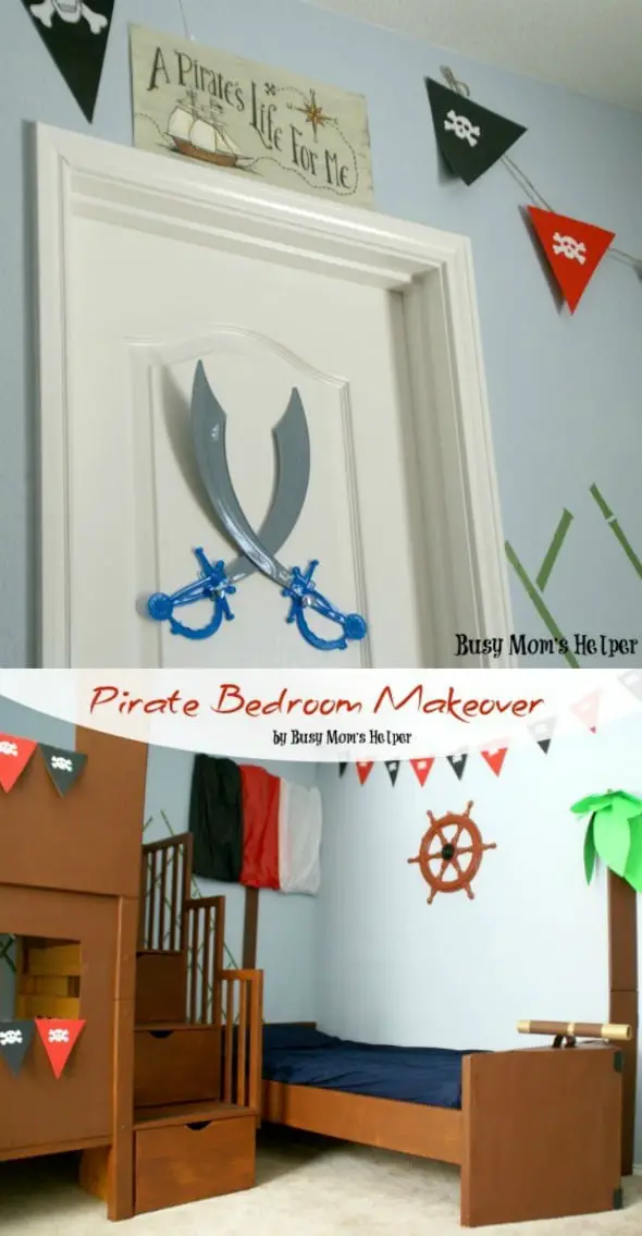 DIY Pirate Bedroom Makeover - complete with pirate ship bed, treehouse bunk bed & more! #pirate #bedroom #kidroom #kidbedroom #bedroommakeover #homediy