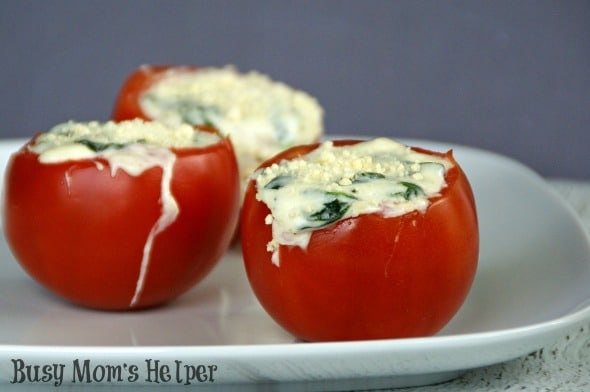 Cheesy Spinach Stuffed Tomatoes / by Busy Mom's Helper #stuffedtomatoes #cheese