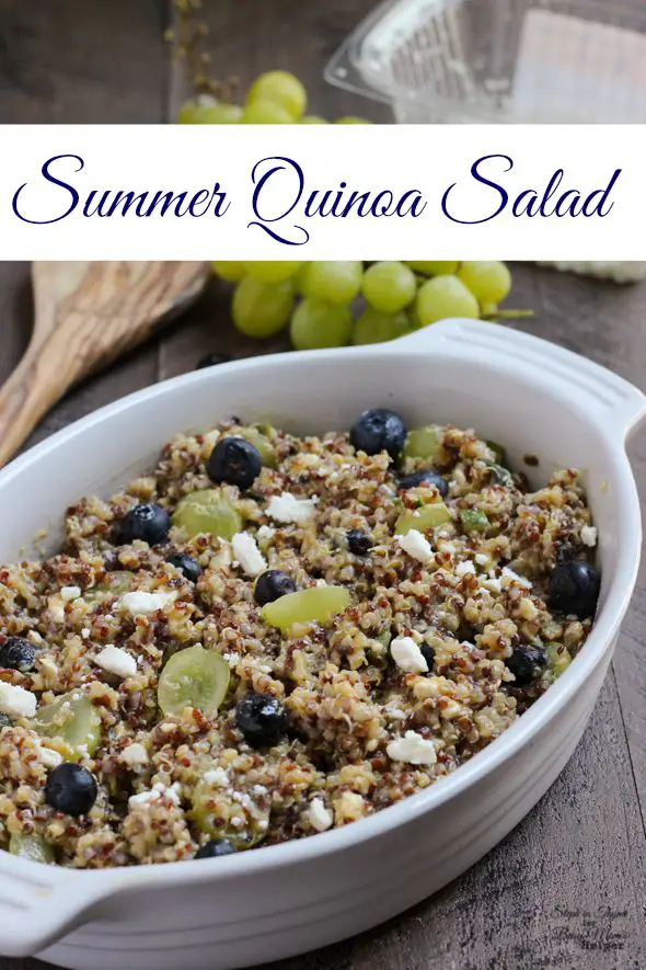 Summer Quinoa Salad with sweet and savory flavors of crumbled feta, blueberries, and grapes in a tangy vinaigrette l Steph in Thyme for Busy Mom's Helper