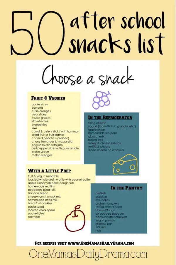 50 after school snacks printable list from OneMamasDailyDrama.com