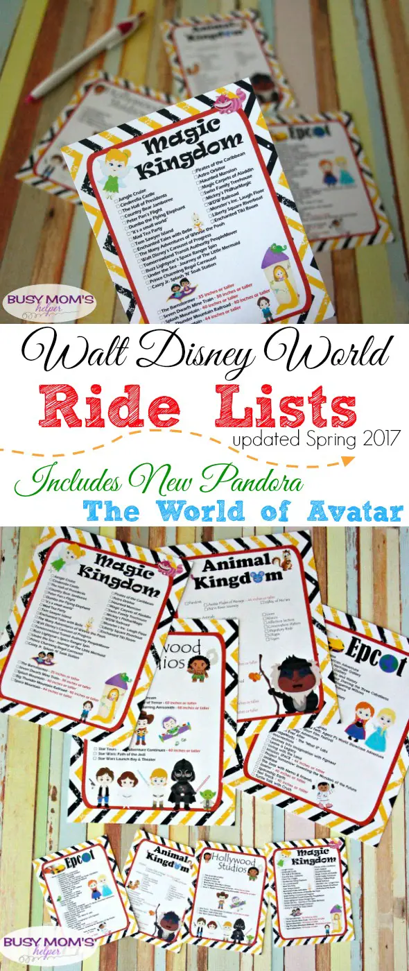 Walt Disney World Ride Lists including new Pandora land in Animal Kingdom / Free Printables