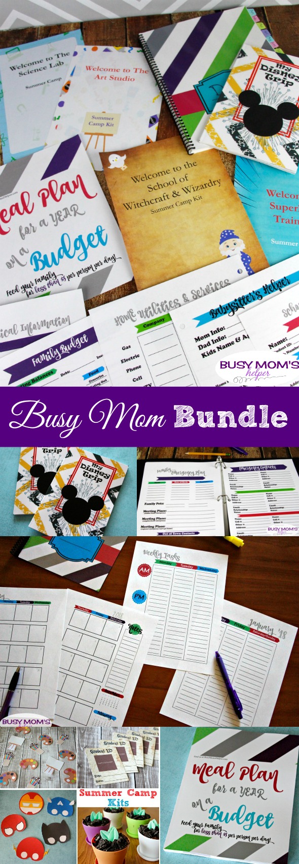 Announcing the Busy Mom Bundle - practically everything you need to help get your life in order! Whether you need help organizing your families important files, want meal plans done for you for a YEAR, love Disney activities, need a reliable planner, or help planning the best summer camp ever - this Busy Mom Bundle has practically EVERYTHING to help out! #busymombundle #printables #parenting #homebinder #familyhomebinder #family #budget #disney #summercamp #momhelp #mealplan