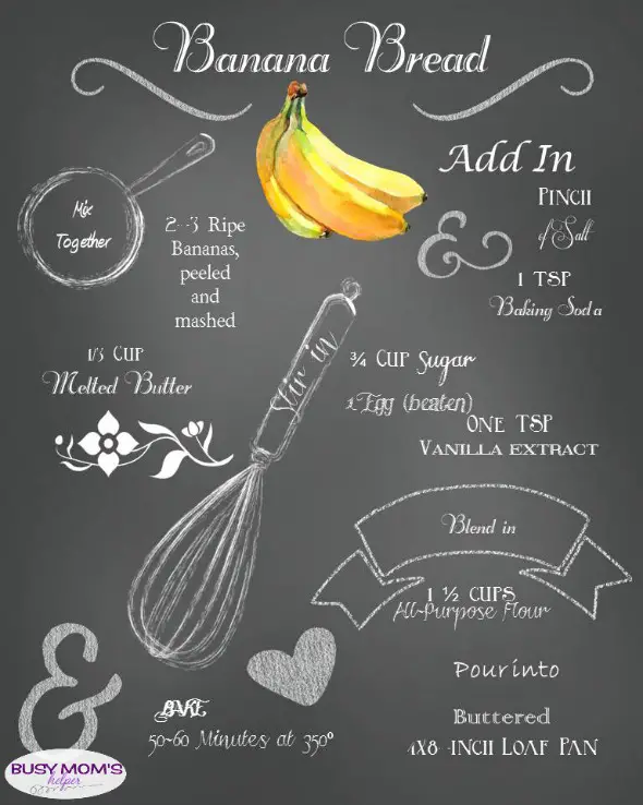 Free Printable Banana Bread Recipe Chalkboard Art #printable #freeprintable #chalkboard #art #bananabread #recipe #breadrecipe