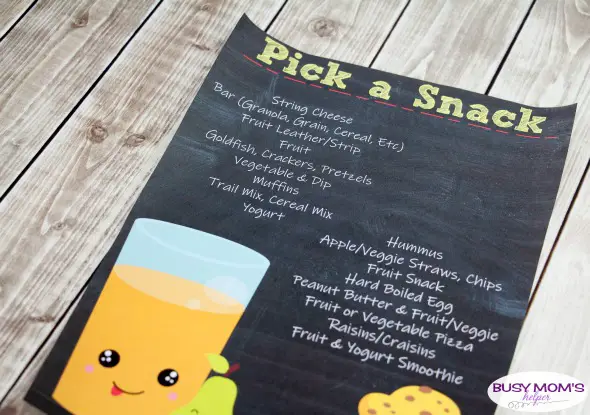 Printable Snack List - great for helping your kids pack their own snack or pick their own afterschool snack! #snack #printable #snackprintable #snacklist #kids #afterschool #schoolsnack
