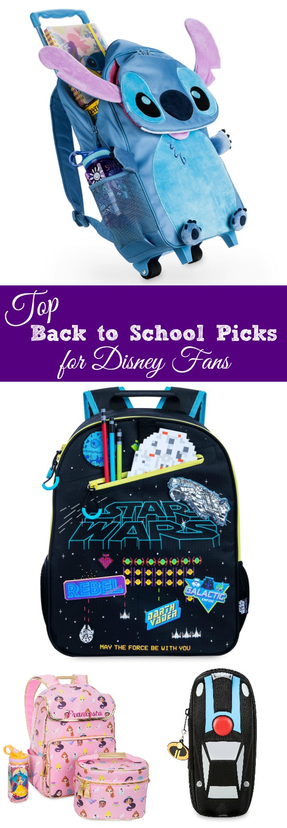 Top Back to School Picks for Disney Fans #affiliate #ad #disney #backtoschool #schoolshopping #shopdisney #backpack #lunchbox #lunchtote #pencilcase #starwars #superhero #incredibles #stitch #ariel #princess #disneyprincess