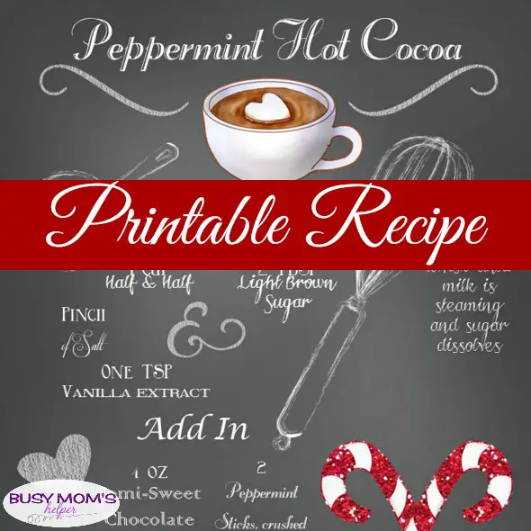 Chalkboard Printable Peppermint Hot Cocoa Recipe #freeprintable #recipe #pepperminthotococoa #hotcooa #hotchocolate #drink #mint