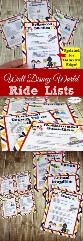 Free Printable Walt Disney World Ride Lists with Galaxy's Edge Update!!! Includes height requirements #waltdisneyworld #familytravel #disney #disneyparks #printables #disneyprintables #disneyworld